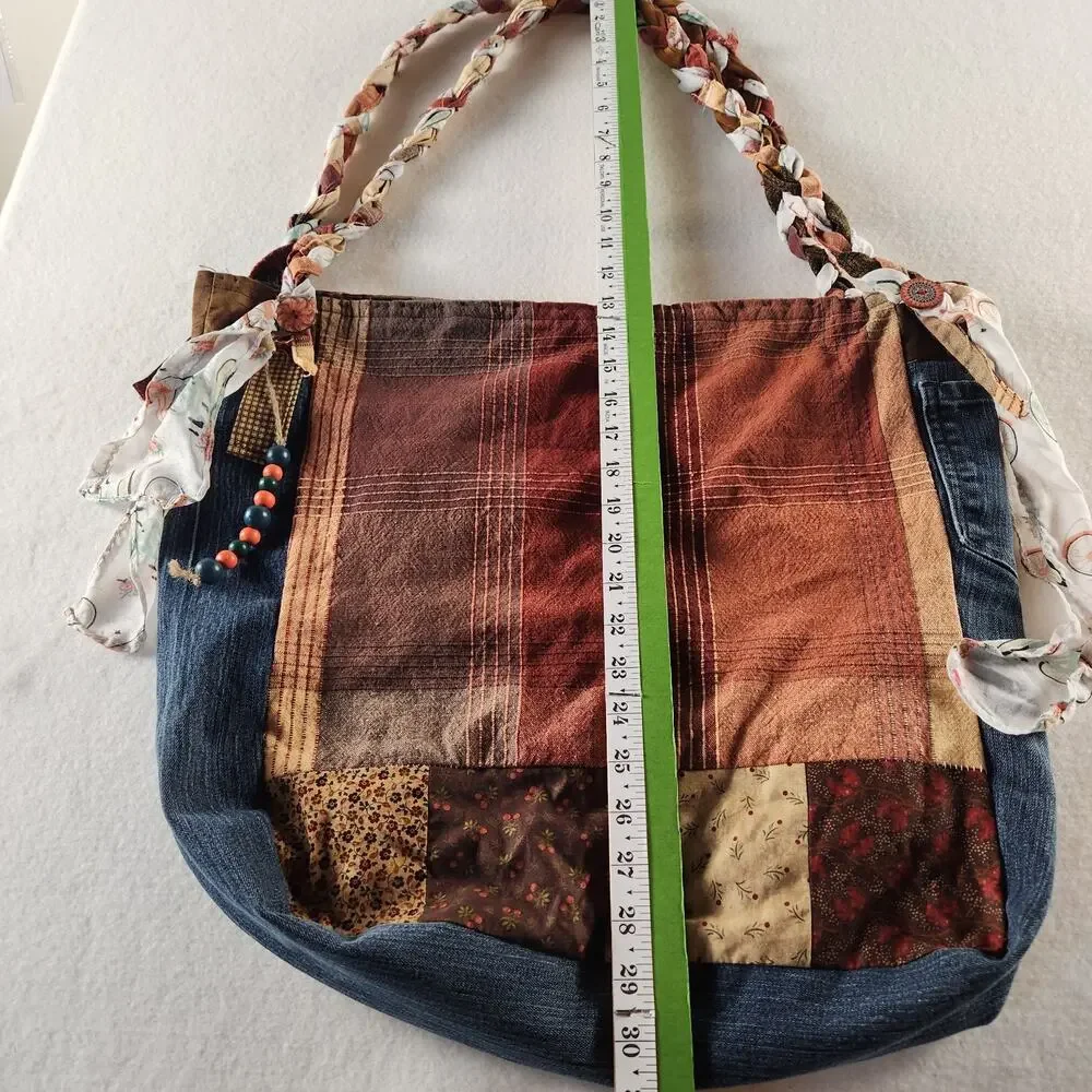 Shoulder Bag Patchwork Quilted Calico Braided Strap Boho Cottagecore